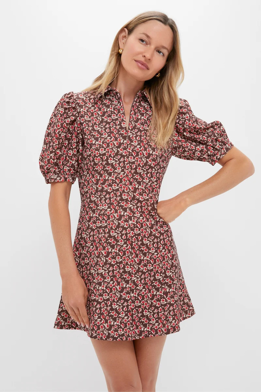 Hyacinth House Brown & Red Floral Corduroy Front Zip Mini Dress